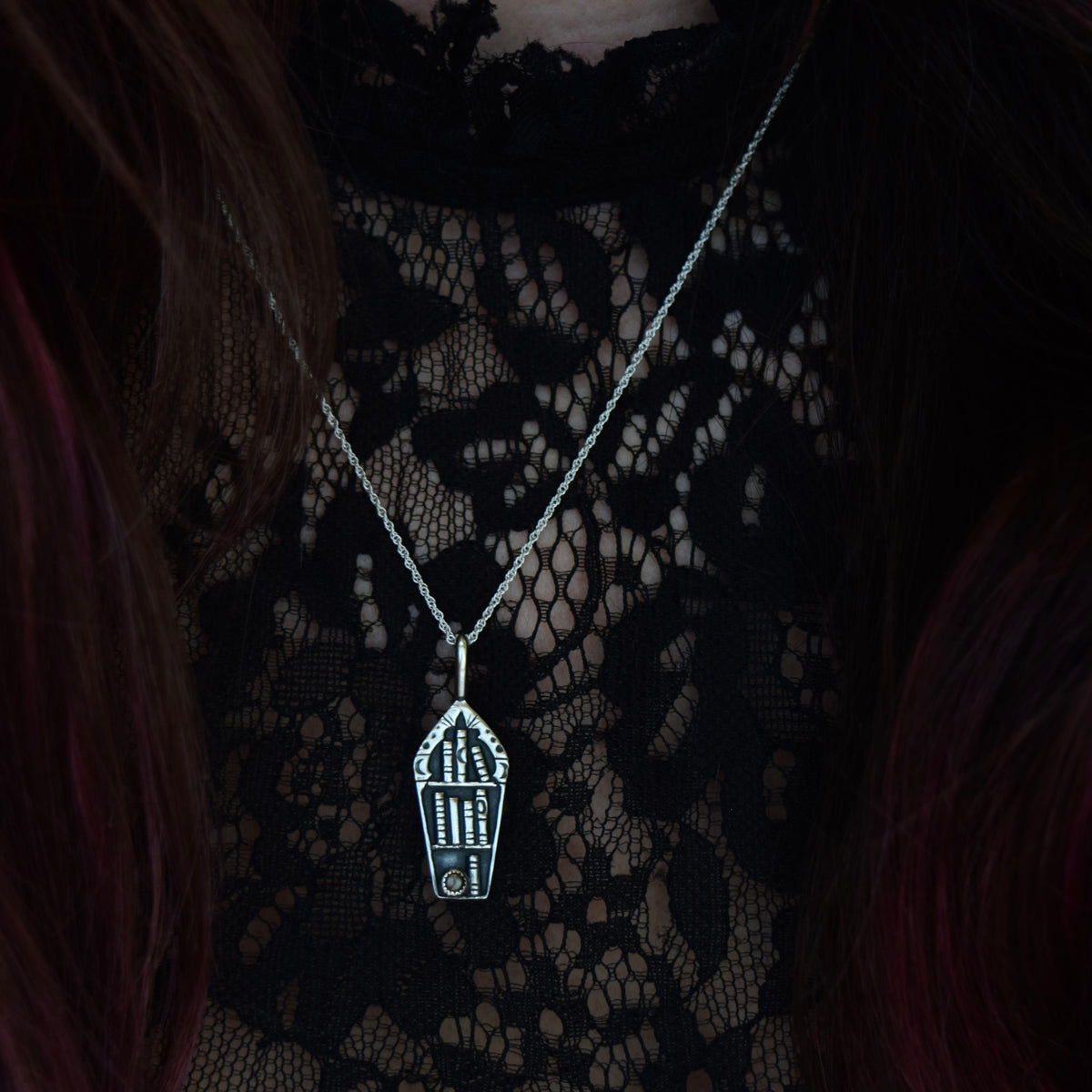 Coffin Bookshelf Necklace with Black Star Sapphire