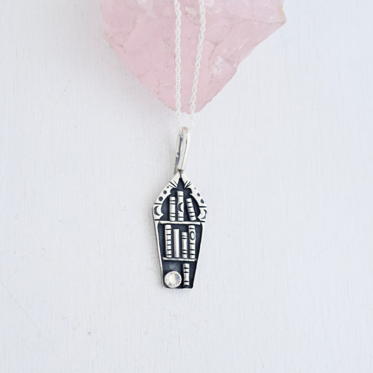 Coffin Bookshelf Necklace with Rainbow Moonstone