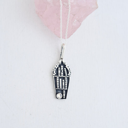 Coffin Bookshelf Necklace with Rainbow Moonstone