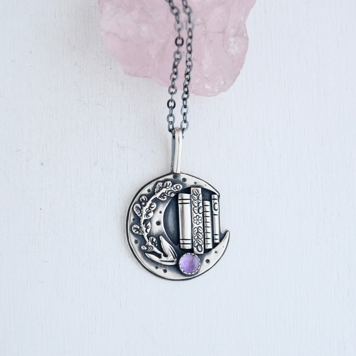 Lunar Lavender Bookshelf Necklace with Amethyst