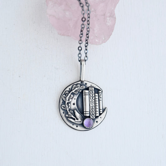 Lunar Lavender Bookshelf Necklace with Amethyst