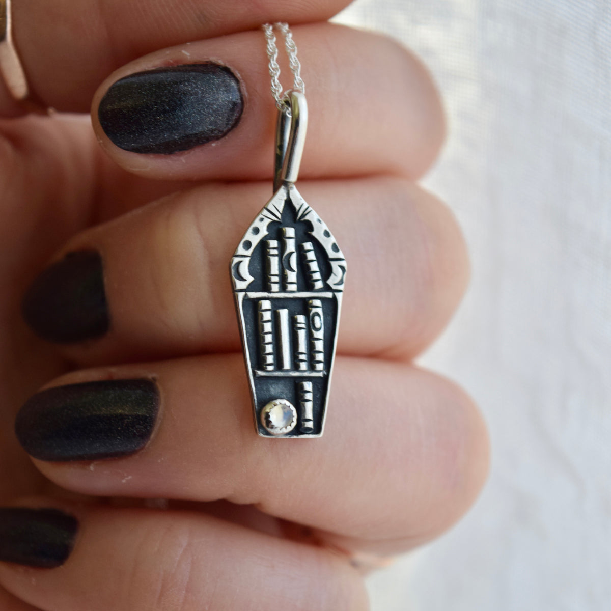 Coffin Bookshelf Necklace with Rainbow Moonstone