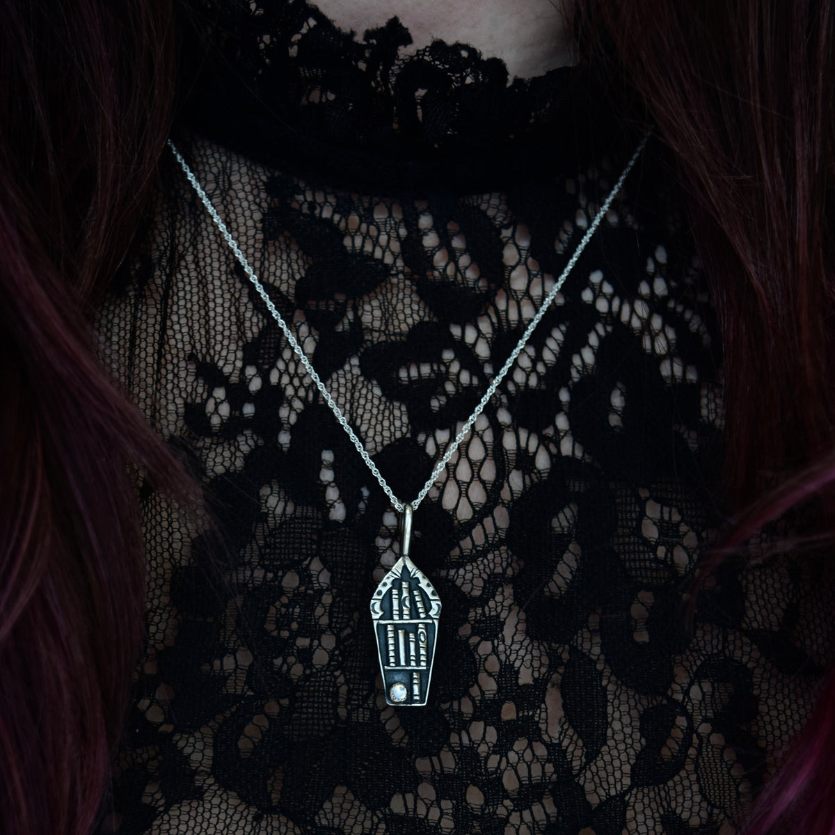 Coffin Bookshelf Necklace with Rainbow Moonstone