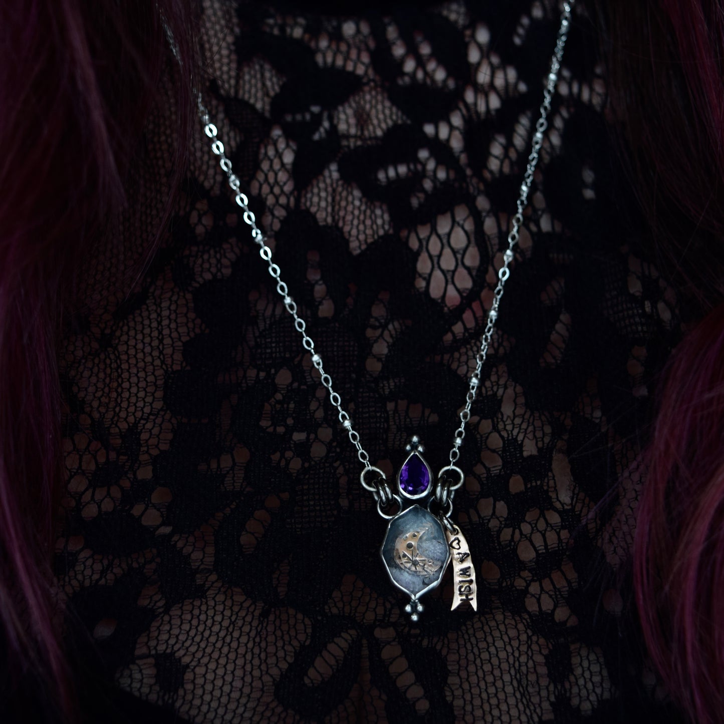 Midnight Lavender Potion Bottle Necklace with Amethyst and Crushed Amethyst