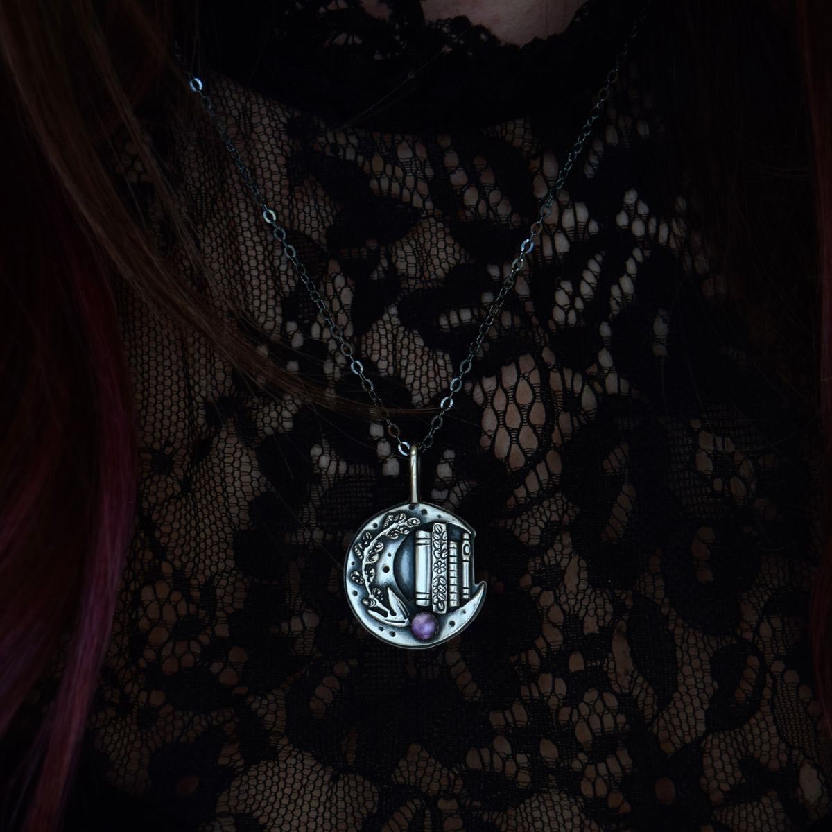 Lunar Lavender Bookshelf Necklace with Amethyst