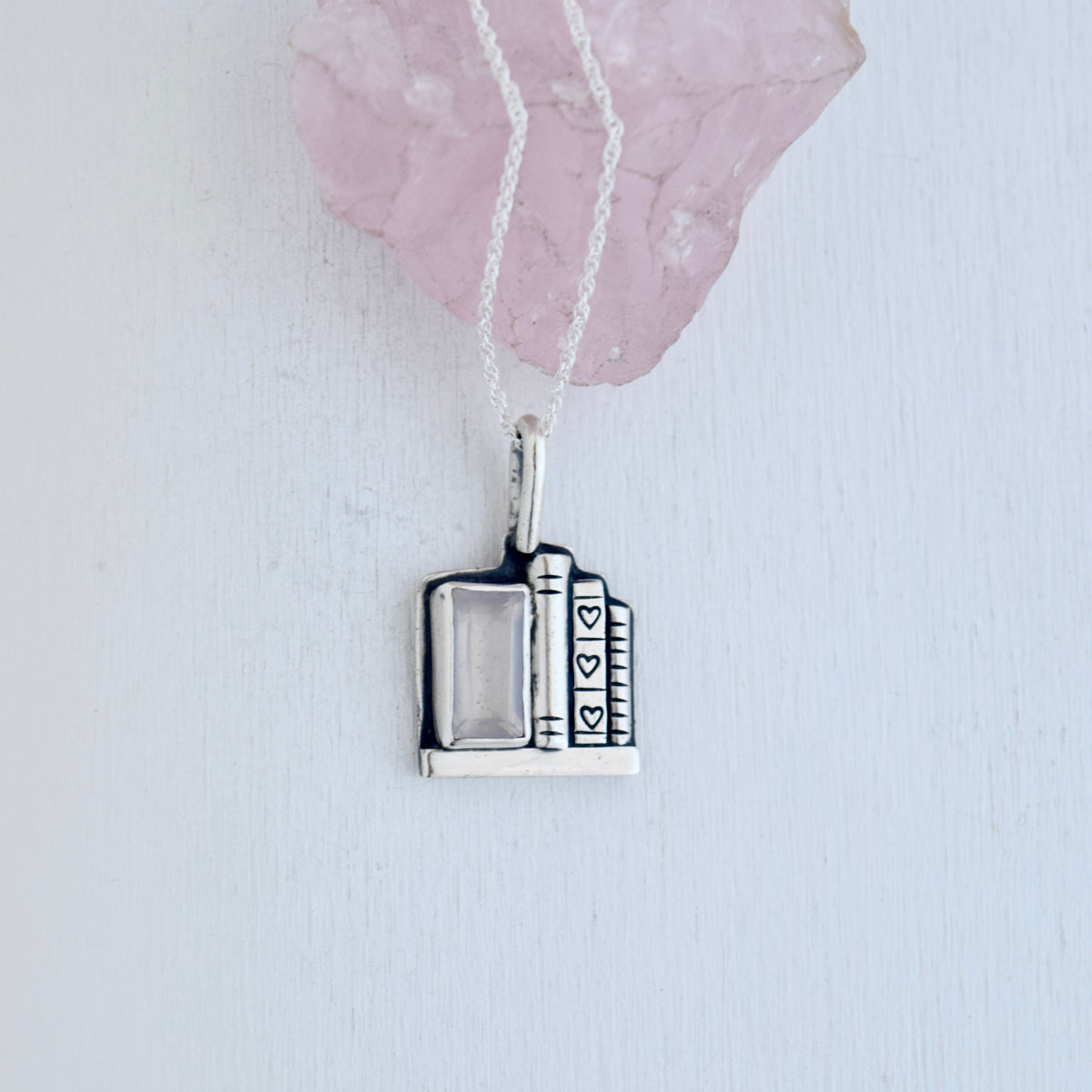 Bookshelf Necklace with Rose Quartz