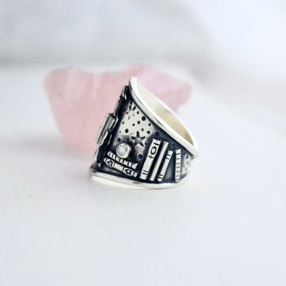 Moonlit Chapters Shield Ring with Rainbow Moonstone Size 7/7.25