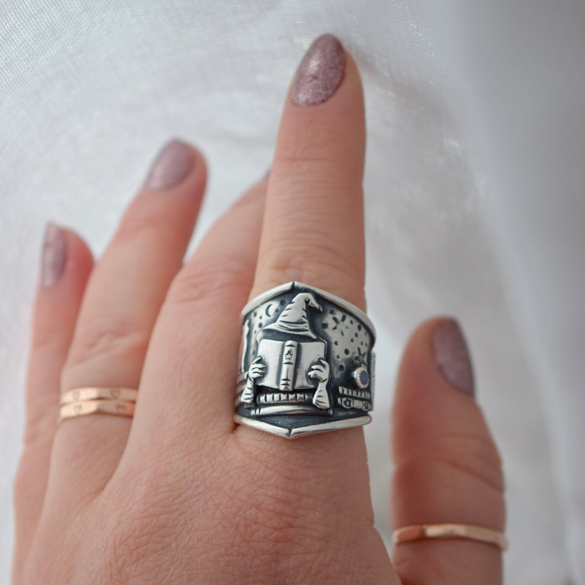 Moonlit Chapters Shield Ring with Rainbow Moonstone Size 7/7.25