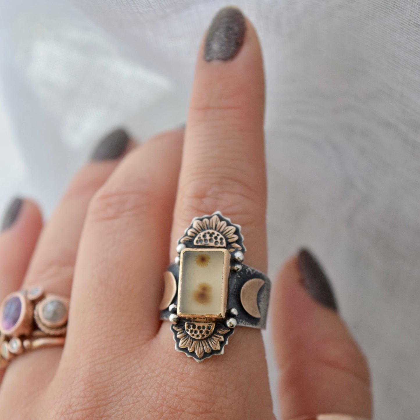 Turn to the Sun Statement Ring with Scenic Dendritic Agate, Bronze, and Gold Fill size 7