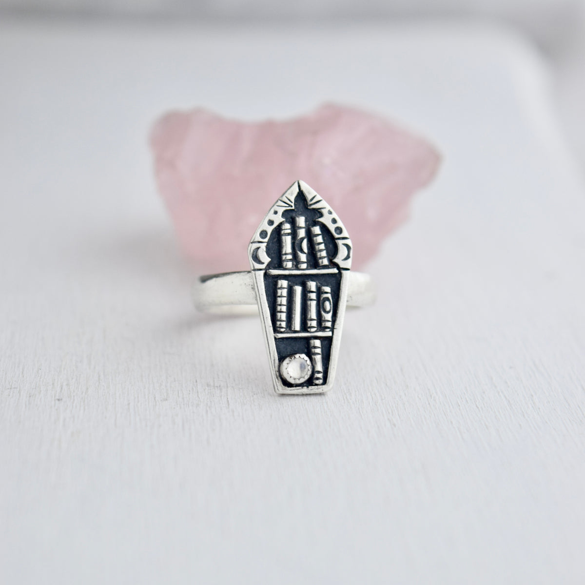 Coffin Bookshelf Ring with Rainbow Moonstone Size 8.5