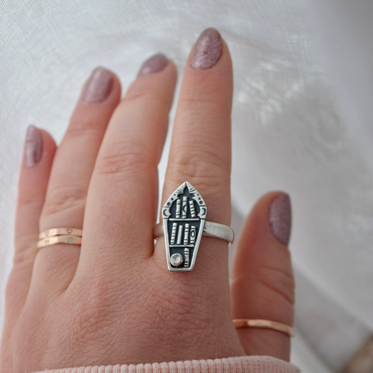Coffin Bookshelf Ring with Rainbow Moonstone Size 8.5