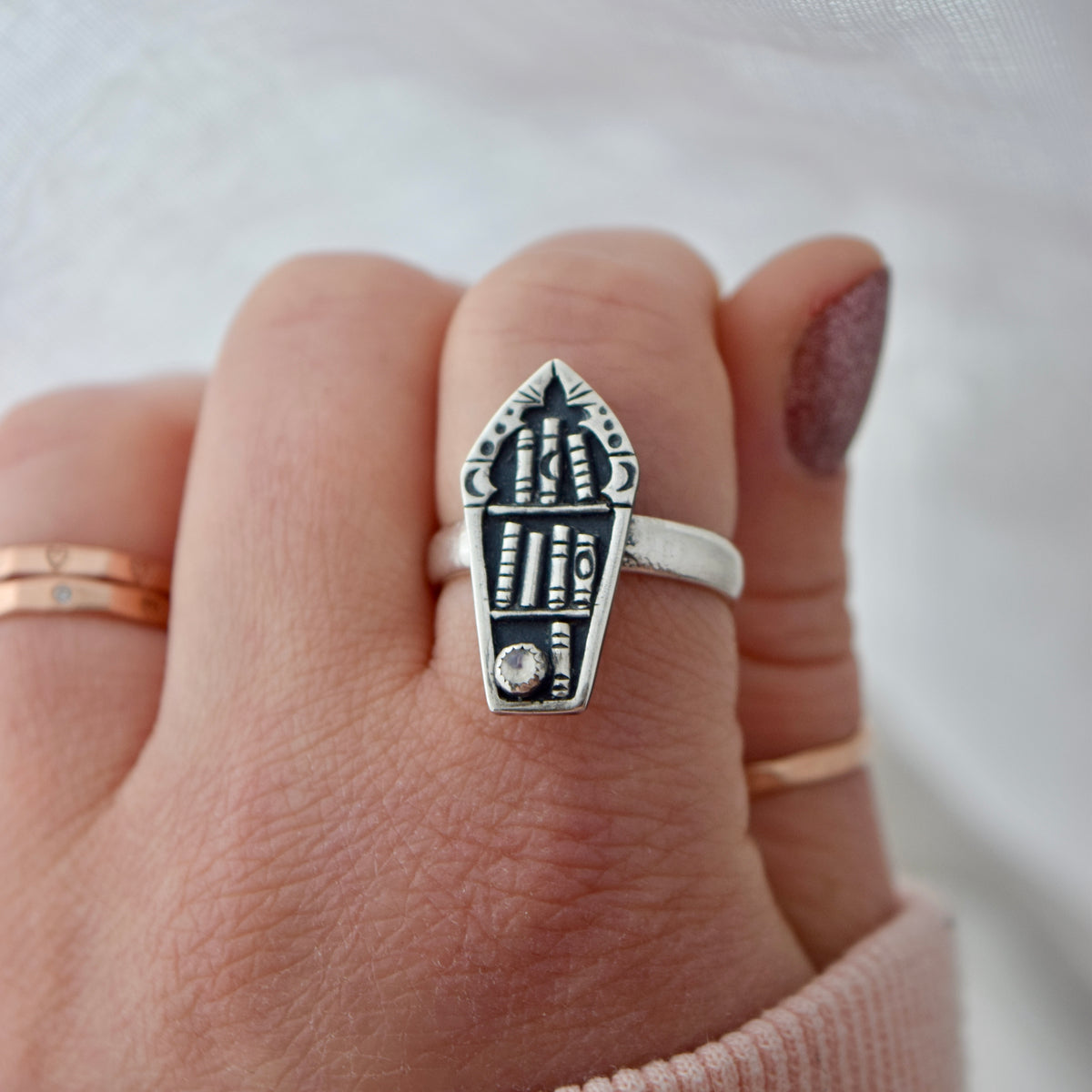 Coffin Bookshelf Ring with Rainbow Moonstone Size 8.5