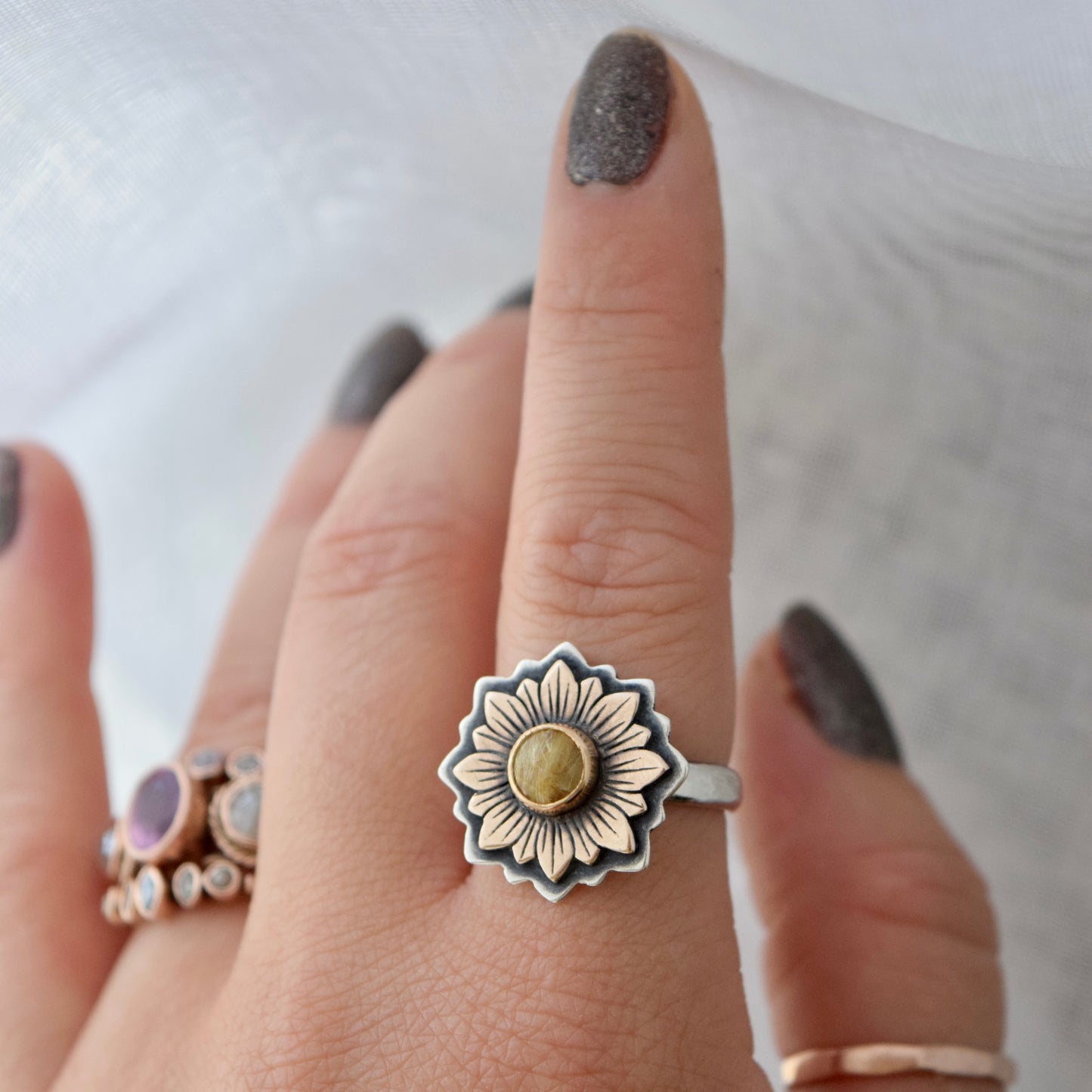 Sunflower Ring with Bronze, Gold Fill, and Golden Rutilated Quartz size 7