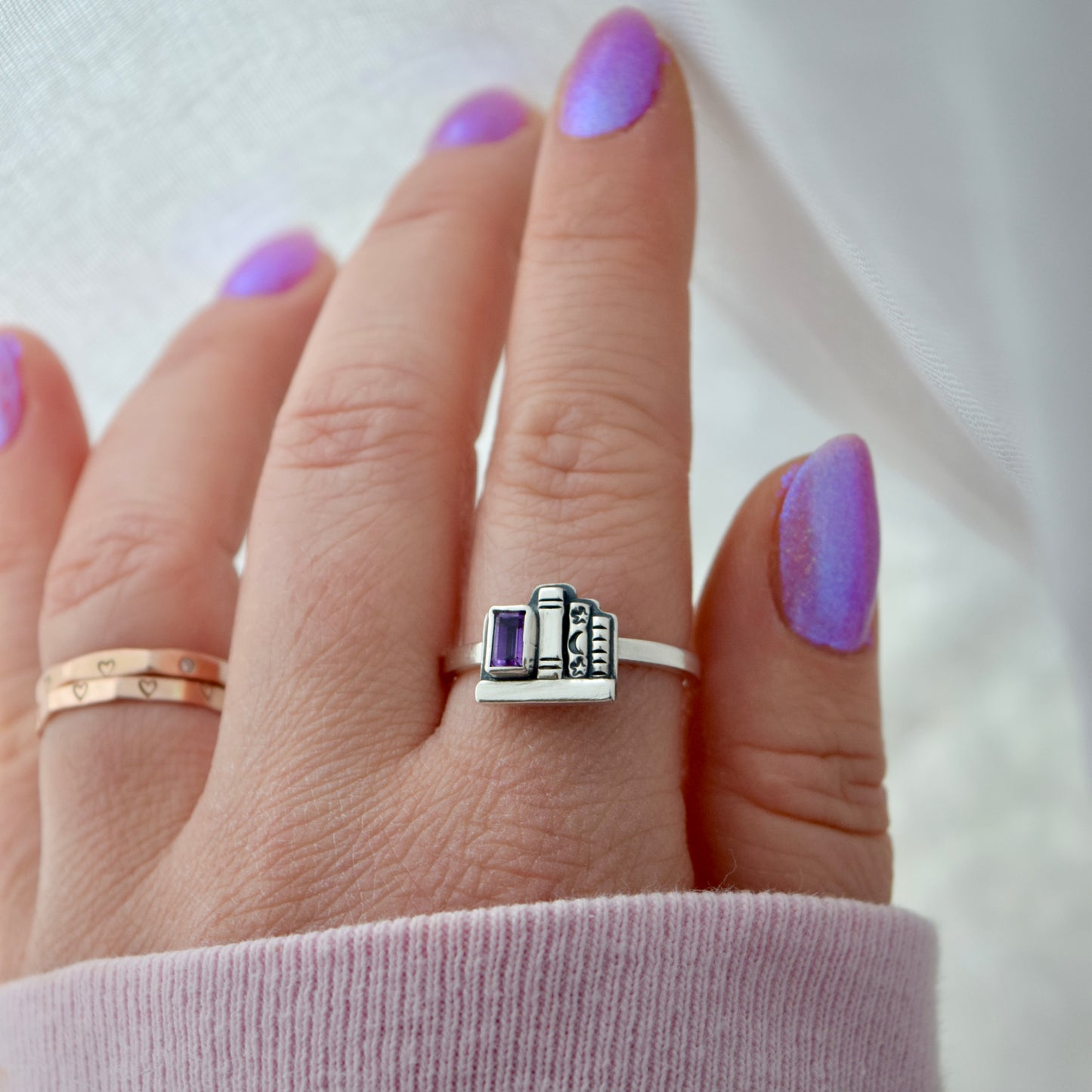 Mini Bookshelf Ring with Amethyst Size 9