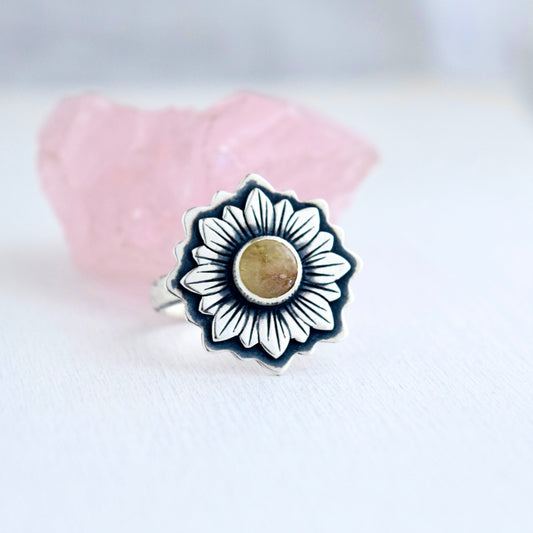 Sunflower with Golden Rutilated Quartz ring size 7