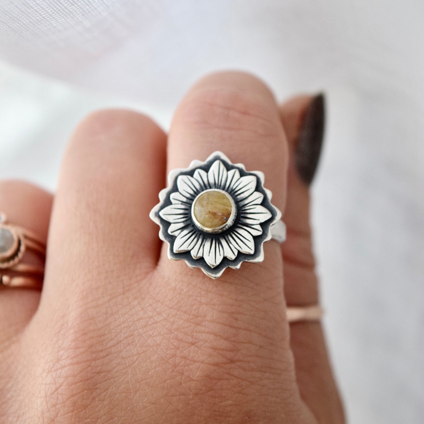 Sunflower with Golden Rutilated Quartz ring size 7