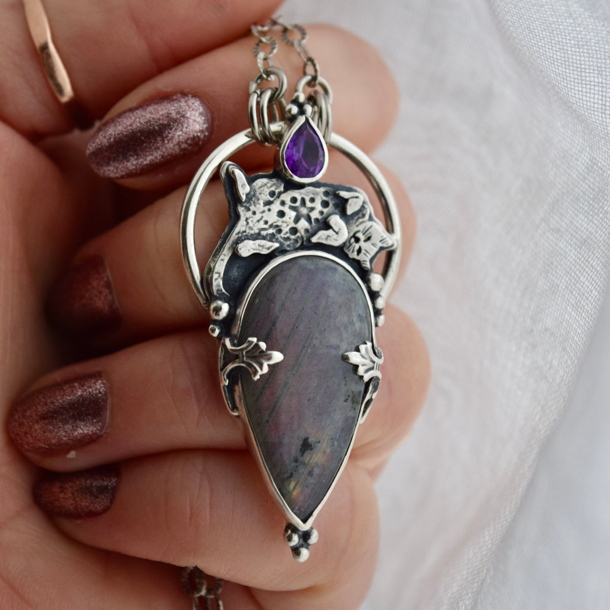 Forbidden Belly Pendant with Amethyst and Purple Labradorite