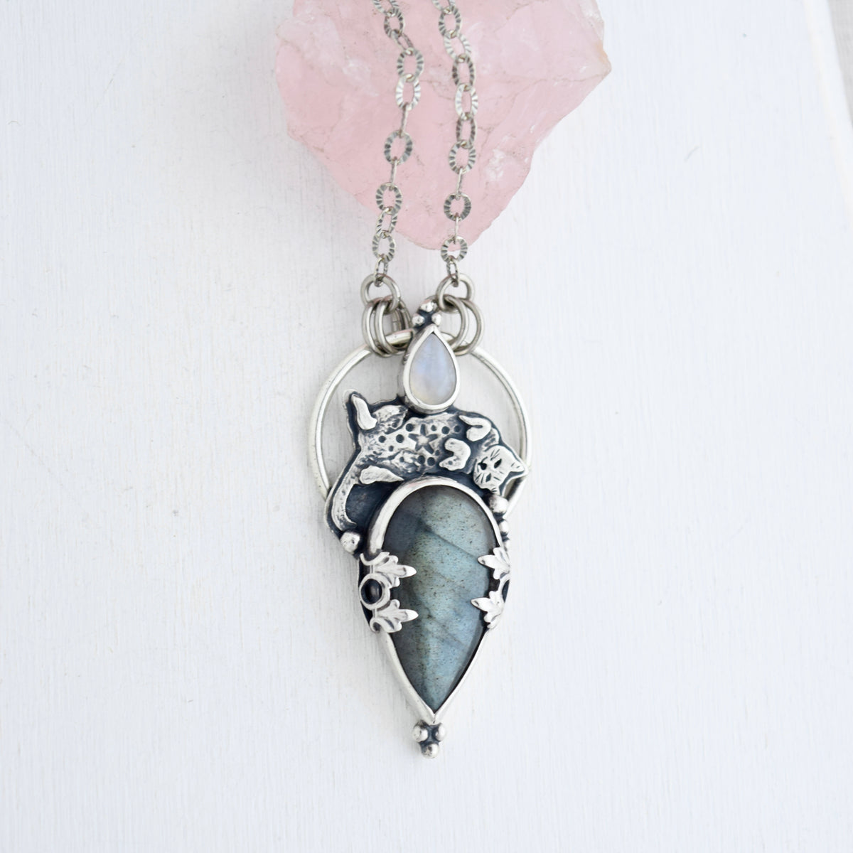 Forbidden Belly Pendant with Rainbow Moonstone and Labradorite