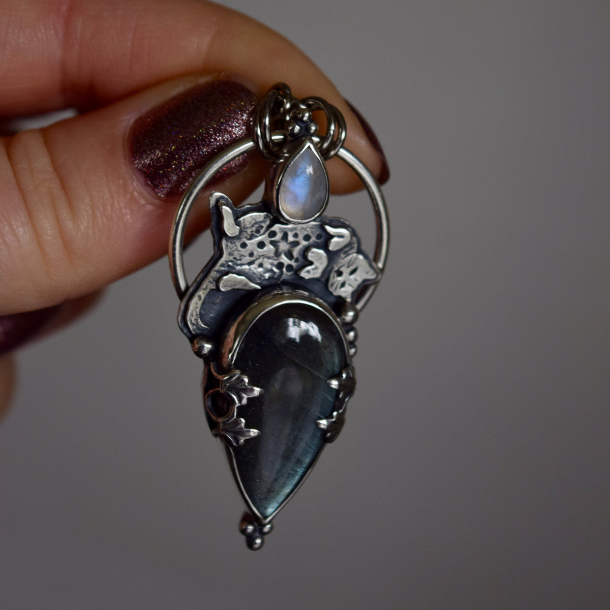 Forbidden Belly Pendant with Rainbow Moonstone and Labradorite