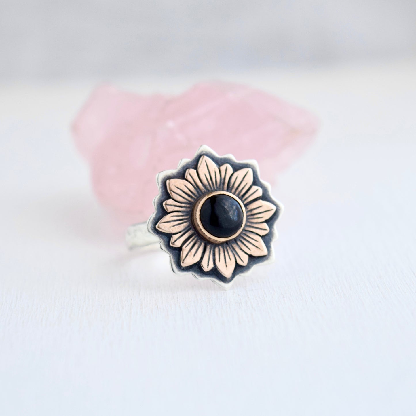 Sunflower Ring with Bronze, Gold Fill, and Black Onyx size 9