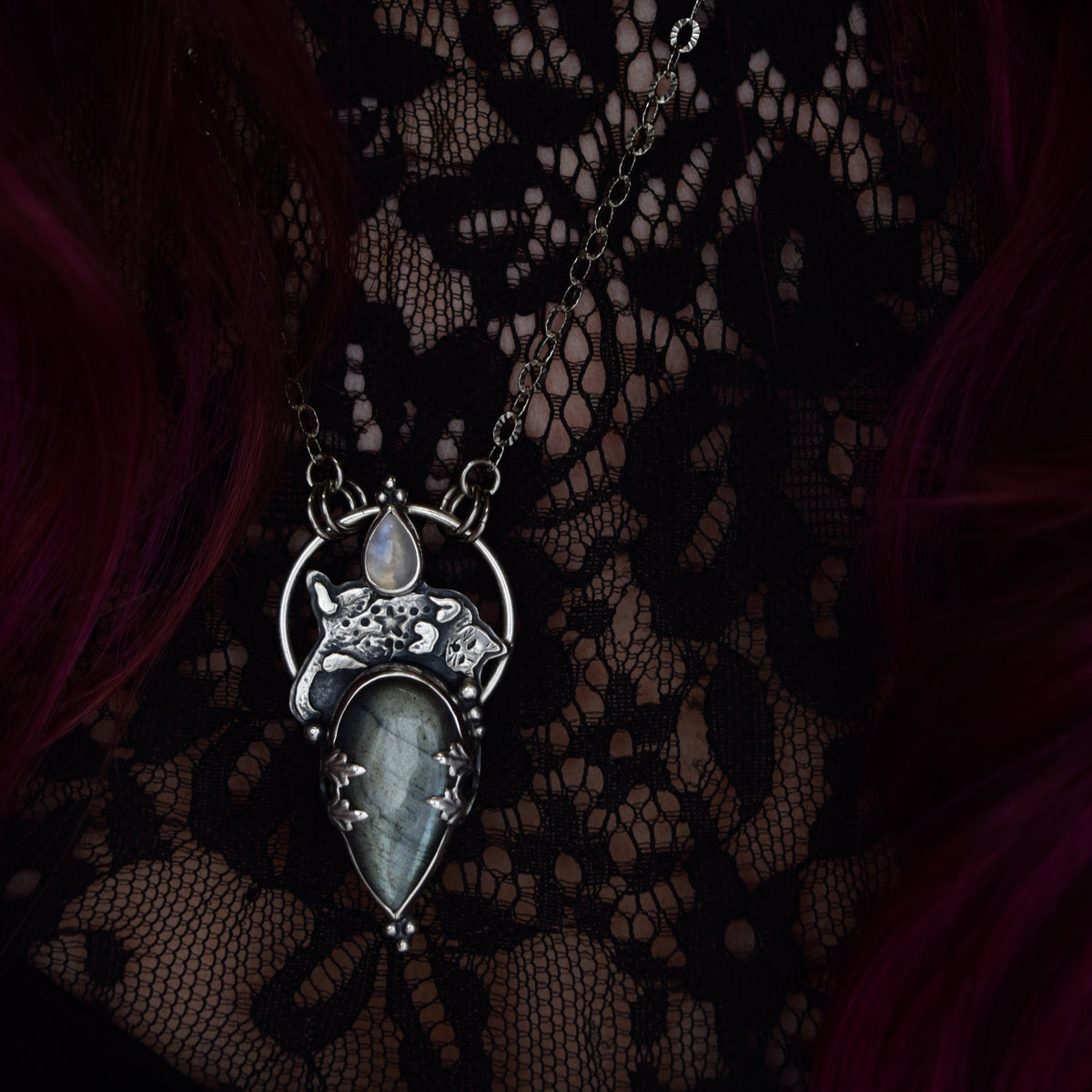 Forbidden Belly Pendant with Rainbow Moonstone and Labradorite