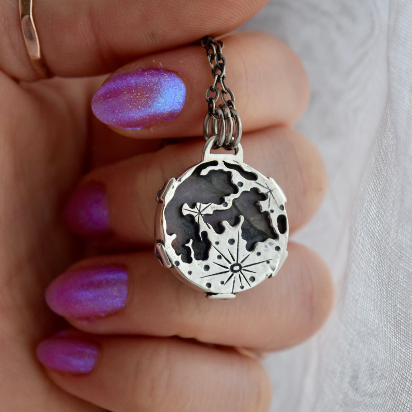 Double Sided Full Moon Purple Labradorite Necklace