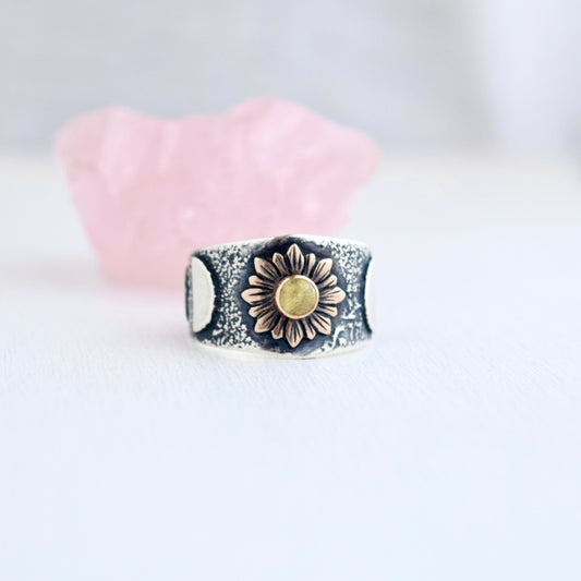 Sunflower Phase Ring with Bronze, Gold Fill, and Golden Rutilated Quartz size 5.75/6