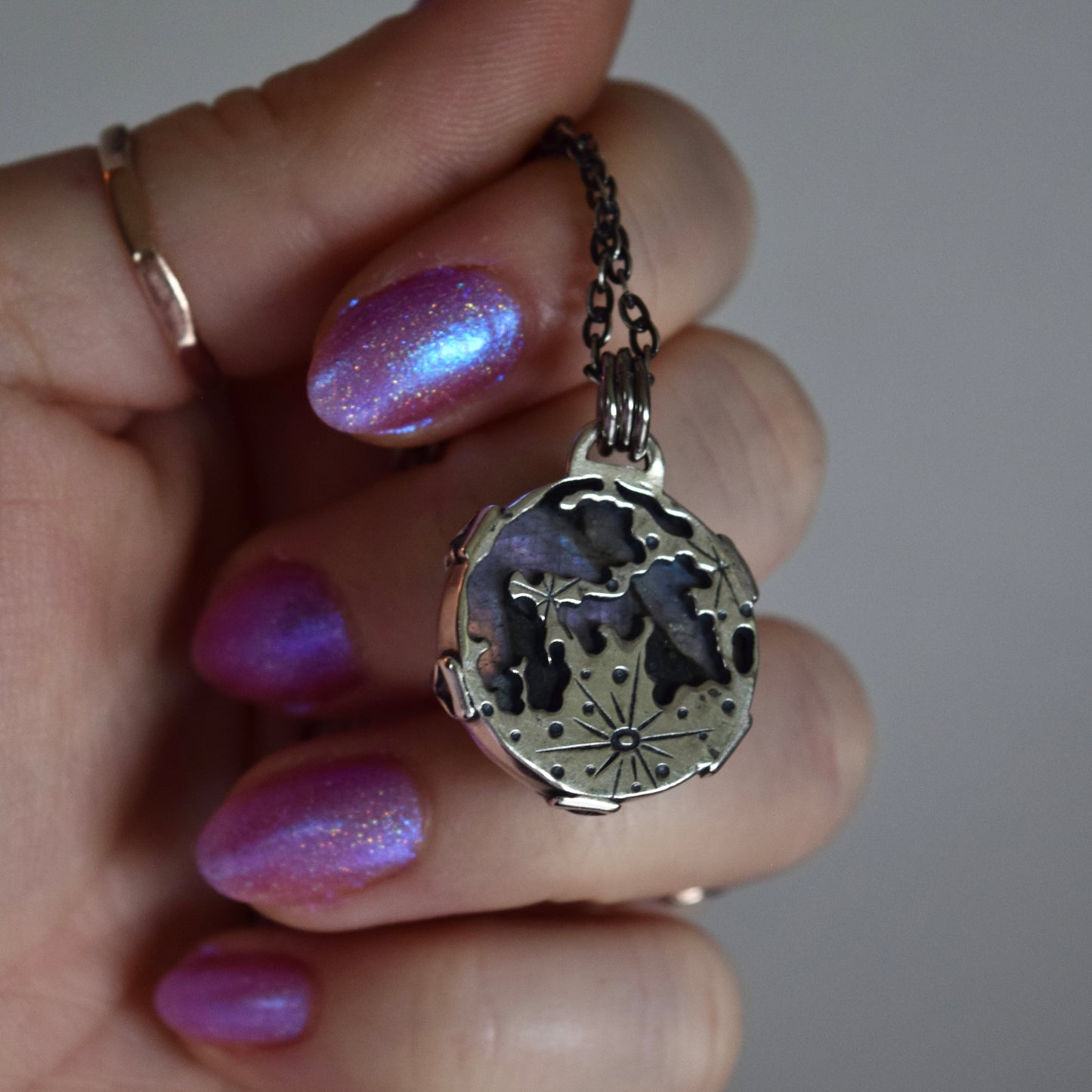 Double Sided Full Moon Purple Labradorite Necklace