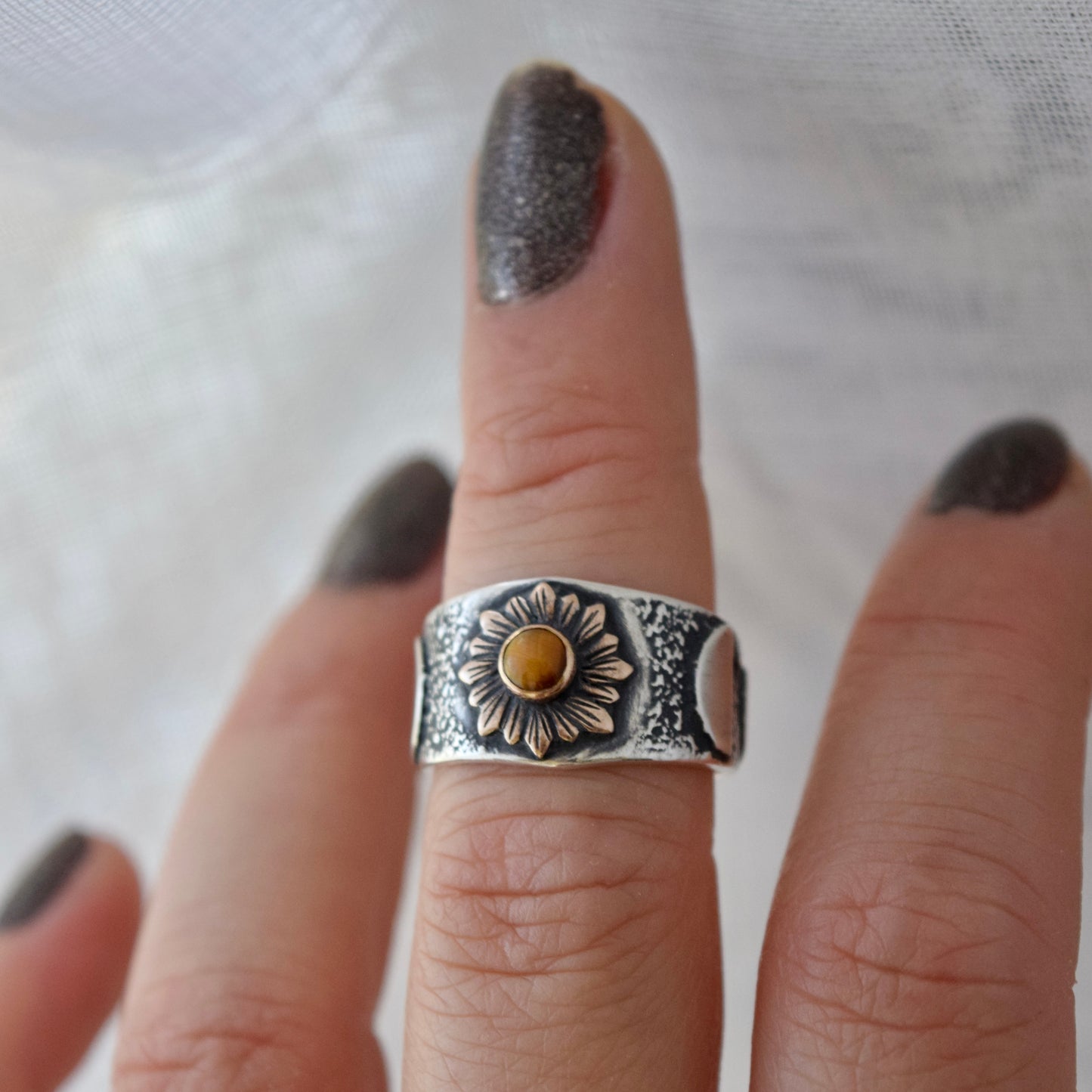 Sunflower Phase Ring with Bronze, Gold Fill, and Tigers Eye size 5.5