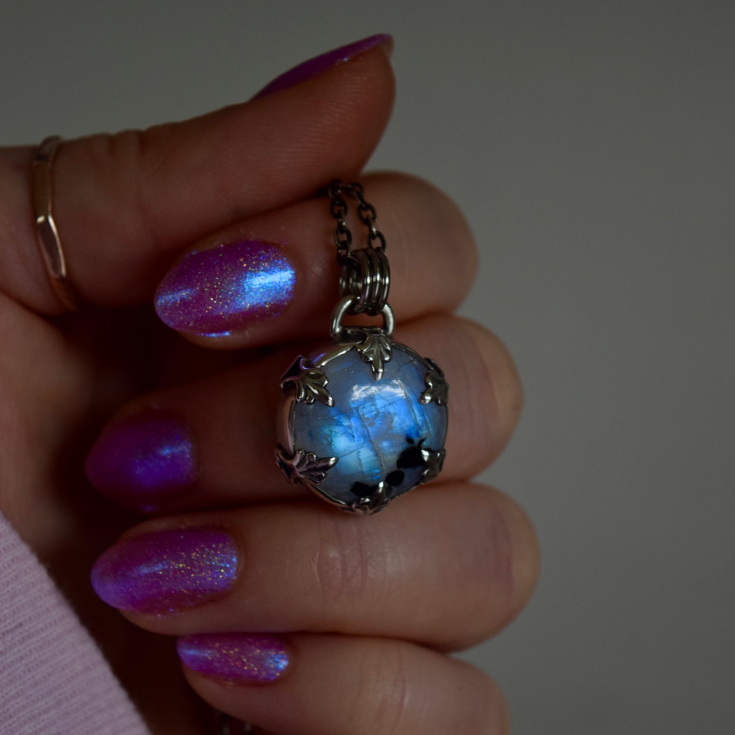 Double Sided Full Moon Rainbow Moonstone Necklace