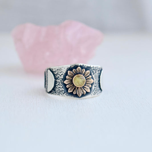 Sunflower Phase Ring with Bronze, Gold Fill, and Gold Rutilated Quartz size 7.75