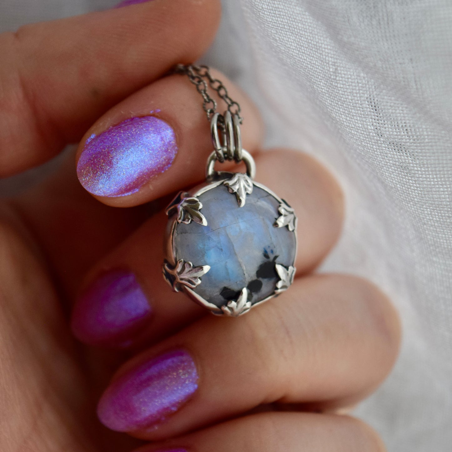 Double Sided Full Moon Rainbow Moonstone Necklace