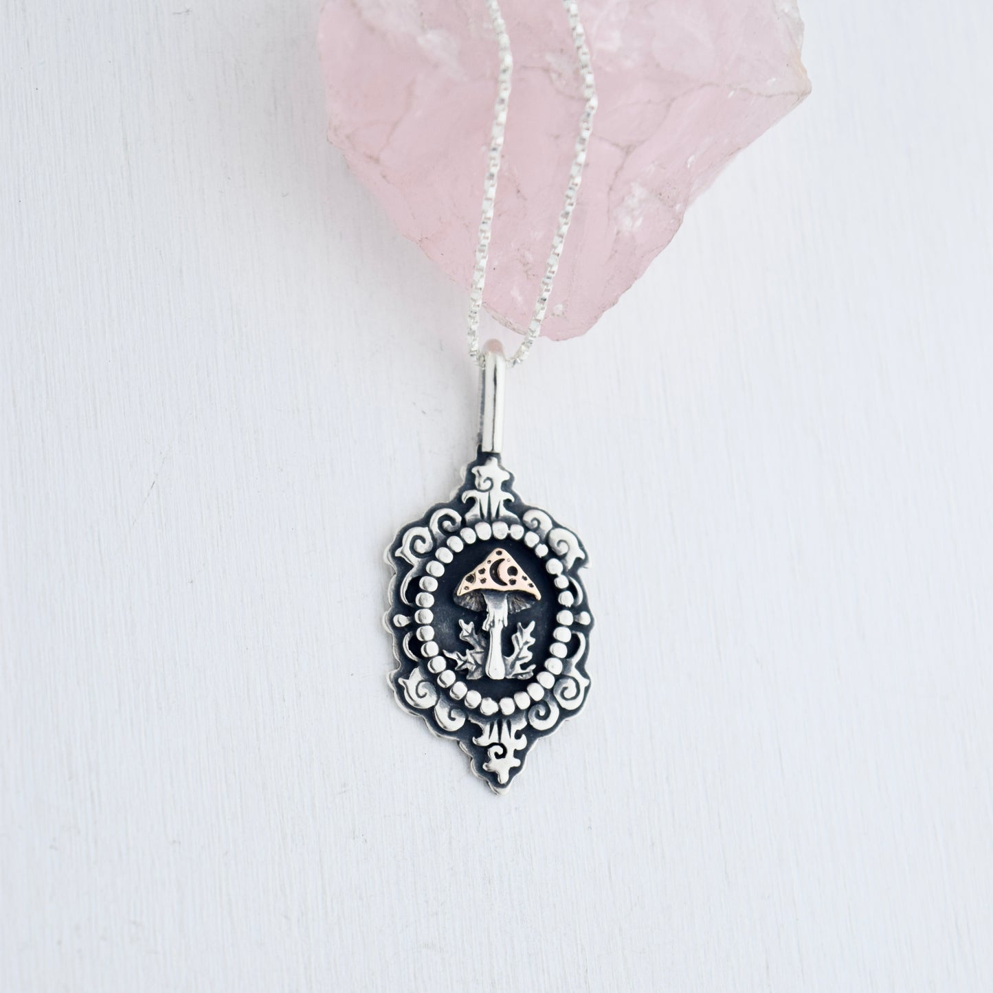Midnight Mushroom Cameo Necklace with Rose Gold Fill