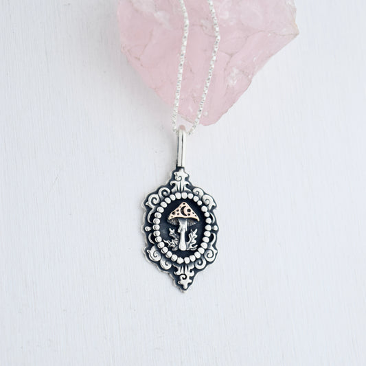 Midnight Mushroom Cameo Necklace with Rose Gold Fill