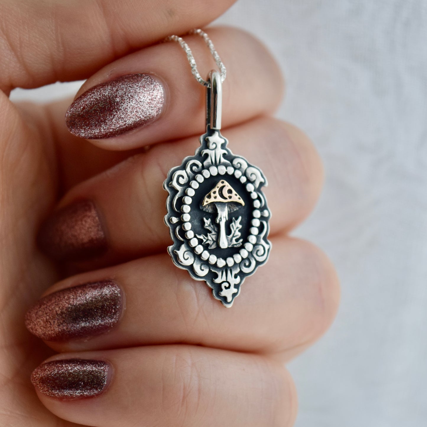 Midnight Mushroom Cameo Necklace with Rose Gold Fill