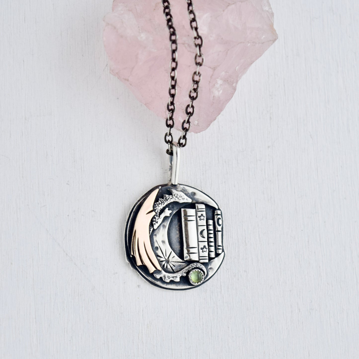 Lunar Bookshelf Necklace with Gold Fill and Green Tourmaline
