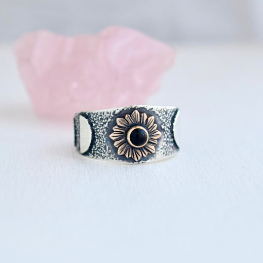 Sunflower Phase Ring with Bronze, Gold Fill, and Black Onyx size 8.75/9