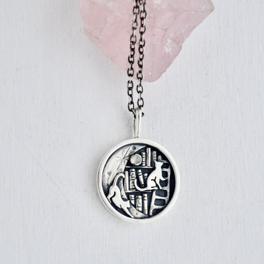 Lunar Library Necklace with Rainbow Moonstone