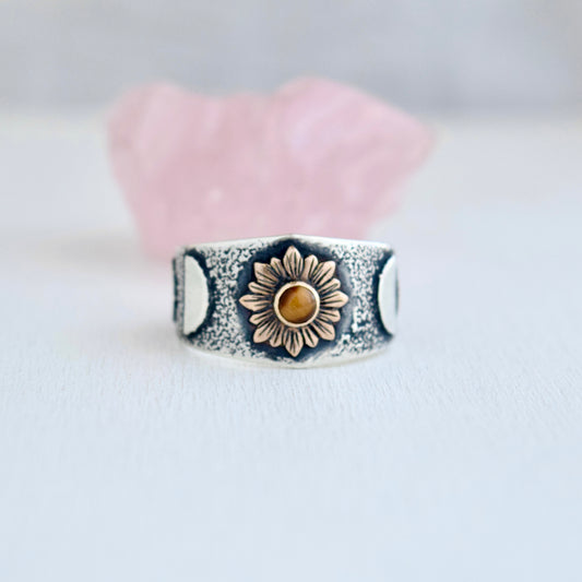 Sunflower Phase Ring with Bronze, Gold Fill, and Tigers Eye size 9.5