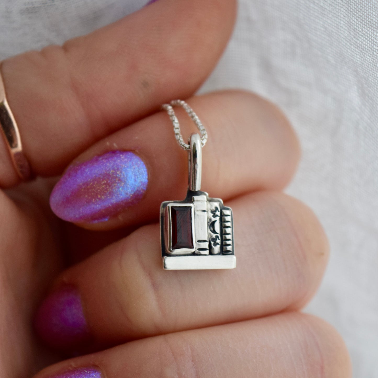 Mini Bookshelf Necklace with Garnet