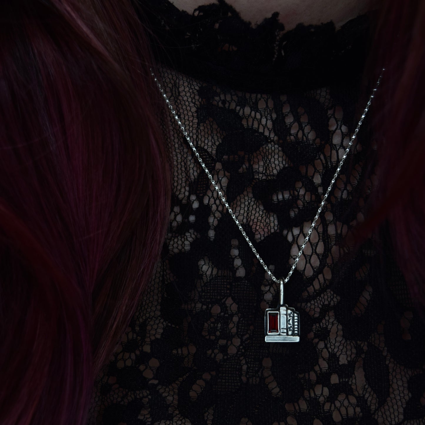 Mini Bookshelf Necklace with Garnet