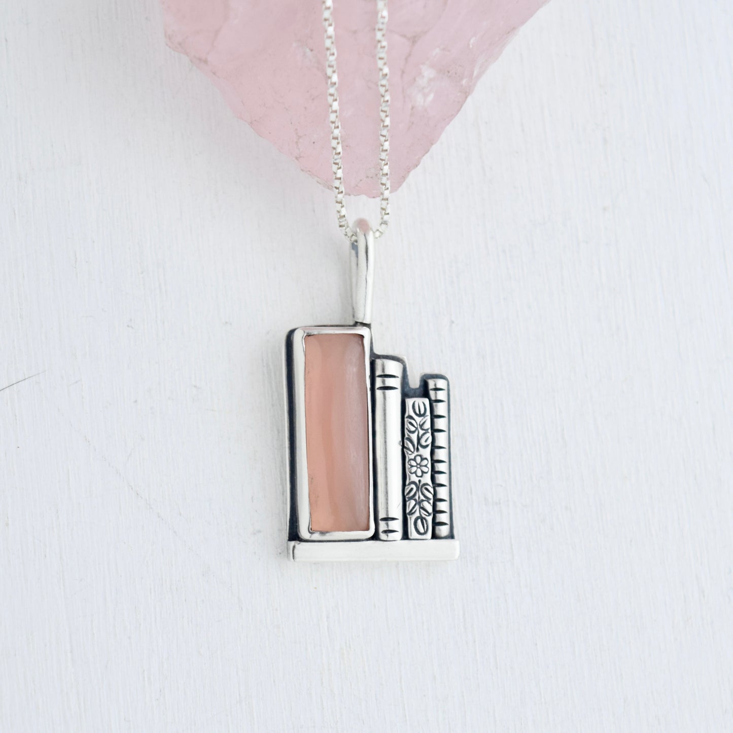 Bookshelf Necklace with Pink Chalcedony