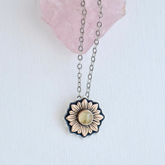 Sunflower Necklace with Bronze, Gold Fill, and Gold Rutilated Quartz