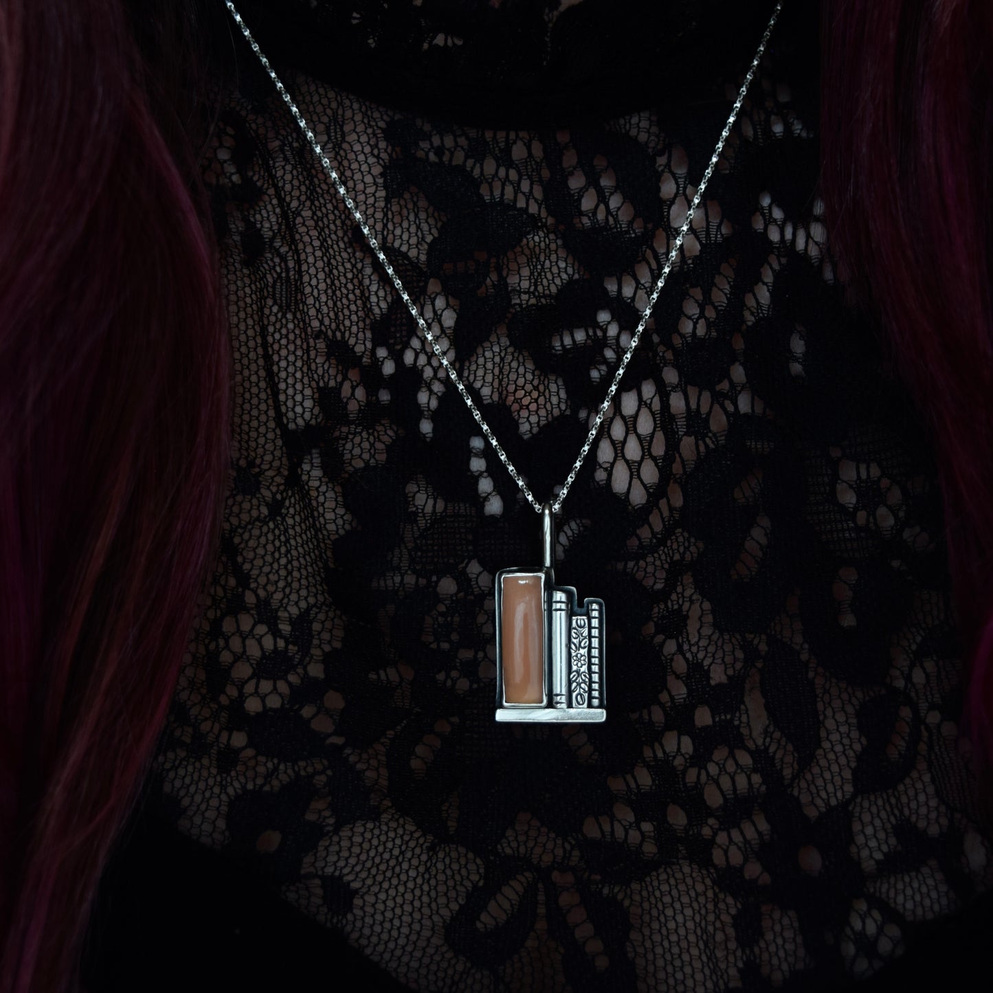 Bookshelf Necklace with Pink Chalcedony