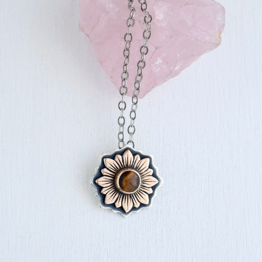 Sunflower Necklace with Bronze, Gold Fill, and Tigers Eye