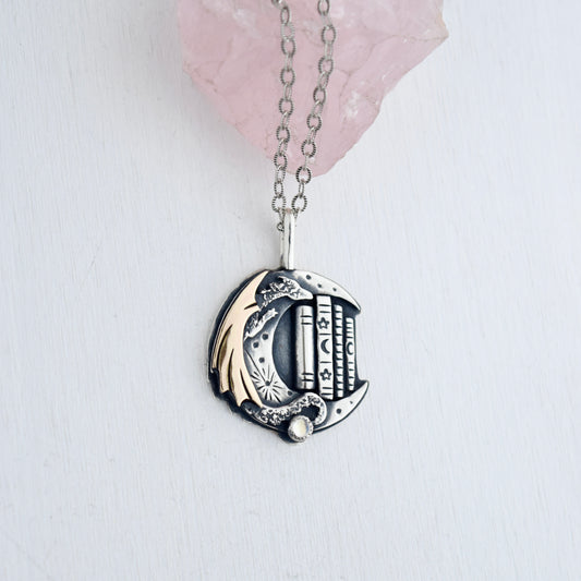 Lunar Bookshelf Necklace with Gold Fill and Rainbow Moonstone