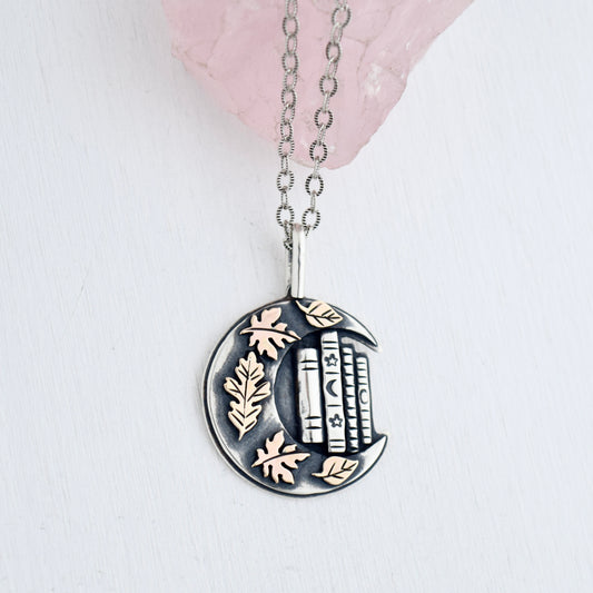 Harvest Lunar Bookshelf Necklace with Gold Fill and Rose Gold Fill