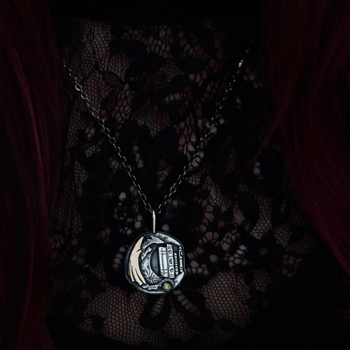 Lunar Bookshelf Necklace with Gold Fill and Green Tourmaline