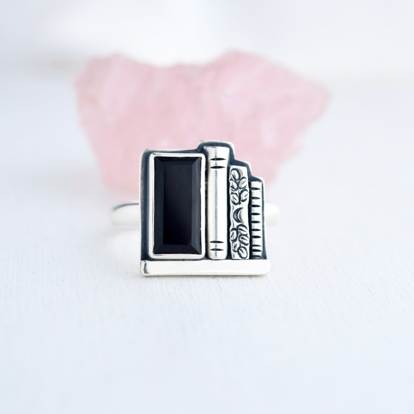 Bookshelf Ring with Faceted Black Onyx Size 10
