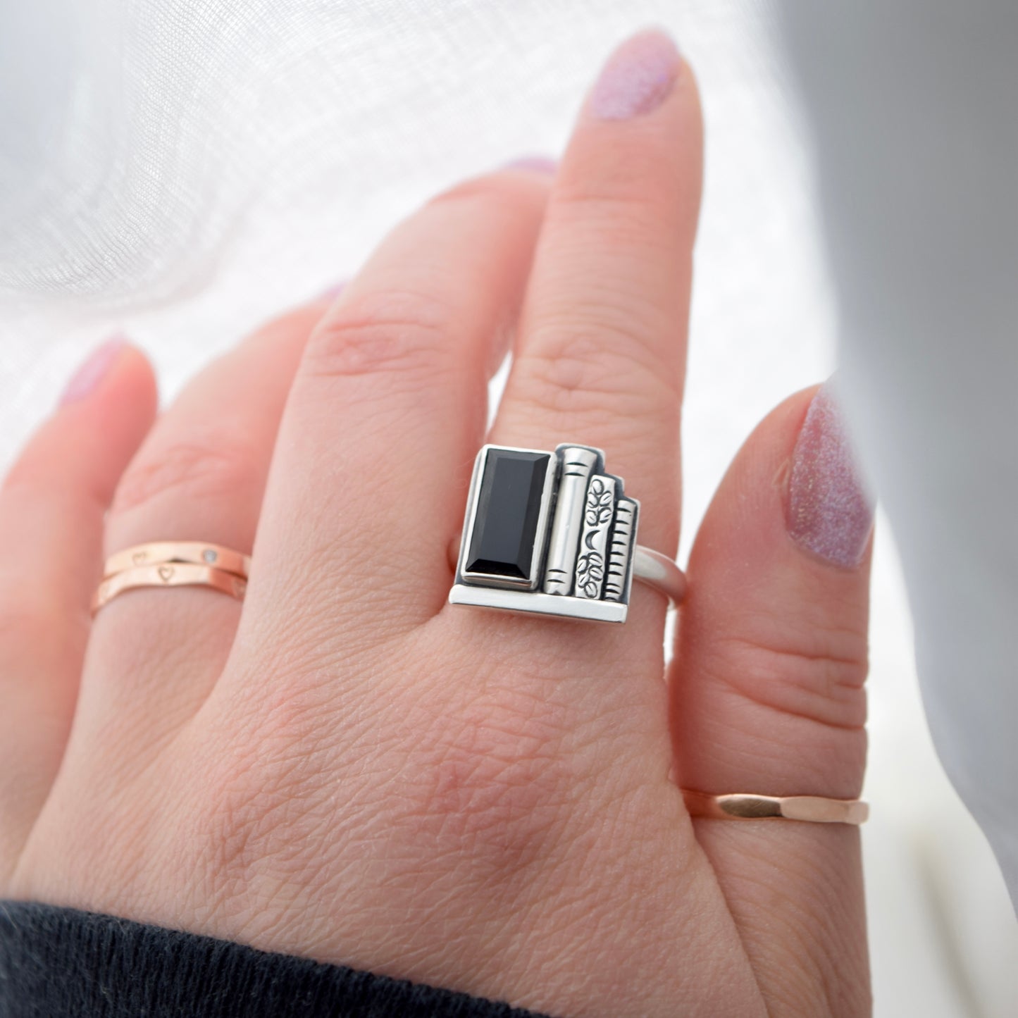 Bookshelf Ring with Faceted Black Onyx Size 10